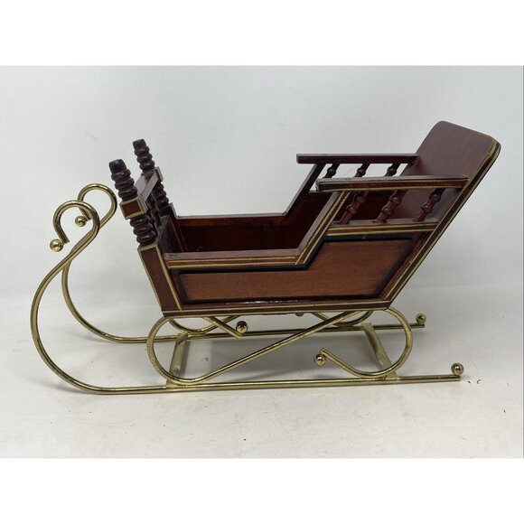 Vtg Wooden Christmas Santa Sleigh Display with Brass Metal Runners Holiday 13x5” - Picture 4 of 13